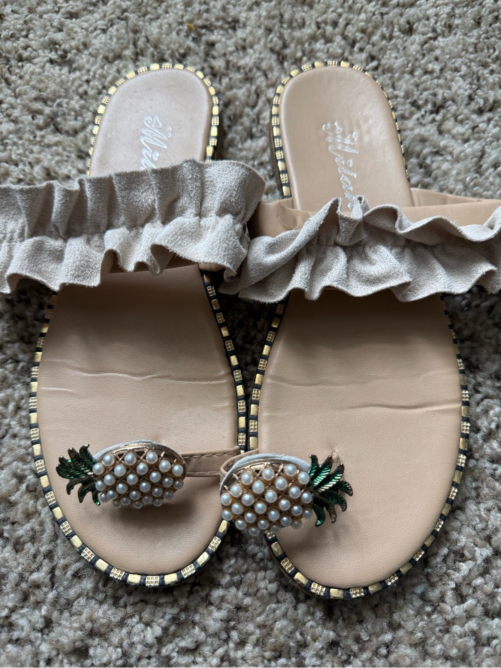Womens Beige Ruffle Slide Sandals with Pearl Pineapple Accent